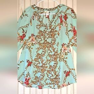 Ladies Fig & Flower Crinkle Mint Green Multicolor Florals 3/4 Balloon Sleeve S